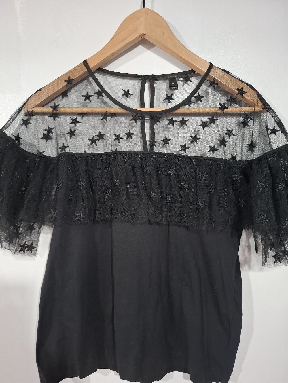 J.Crew Women's Star Mesh Yoke Ruffled Short Sleeve Black Blouse Sz M Whimsigoth - Picture 2 of 10